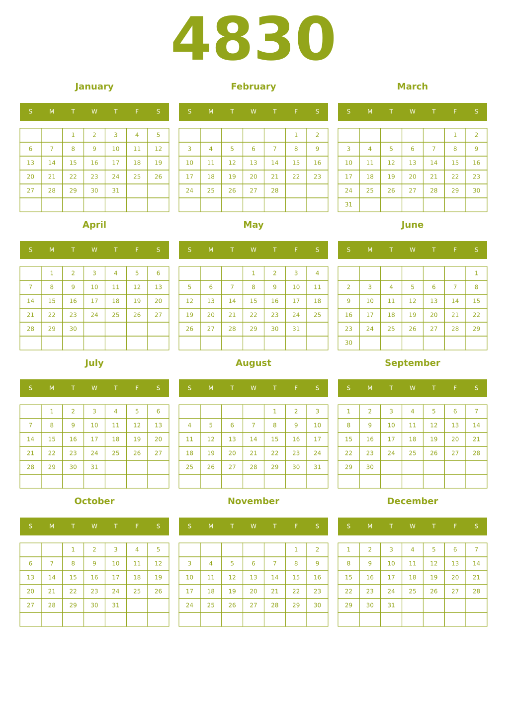 Printable 4830 Year Calendars chartreuse