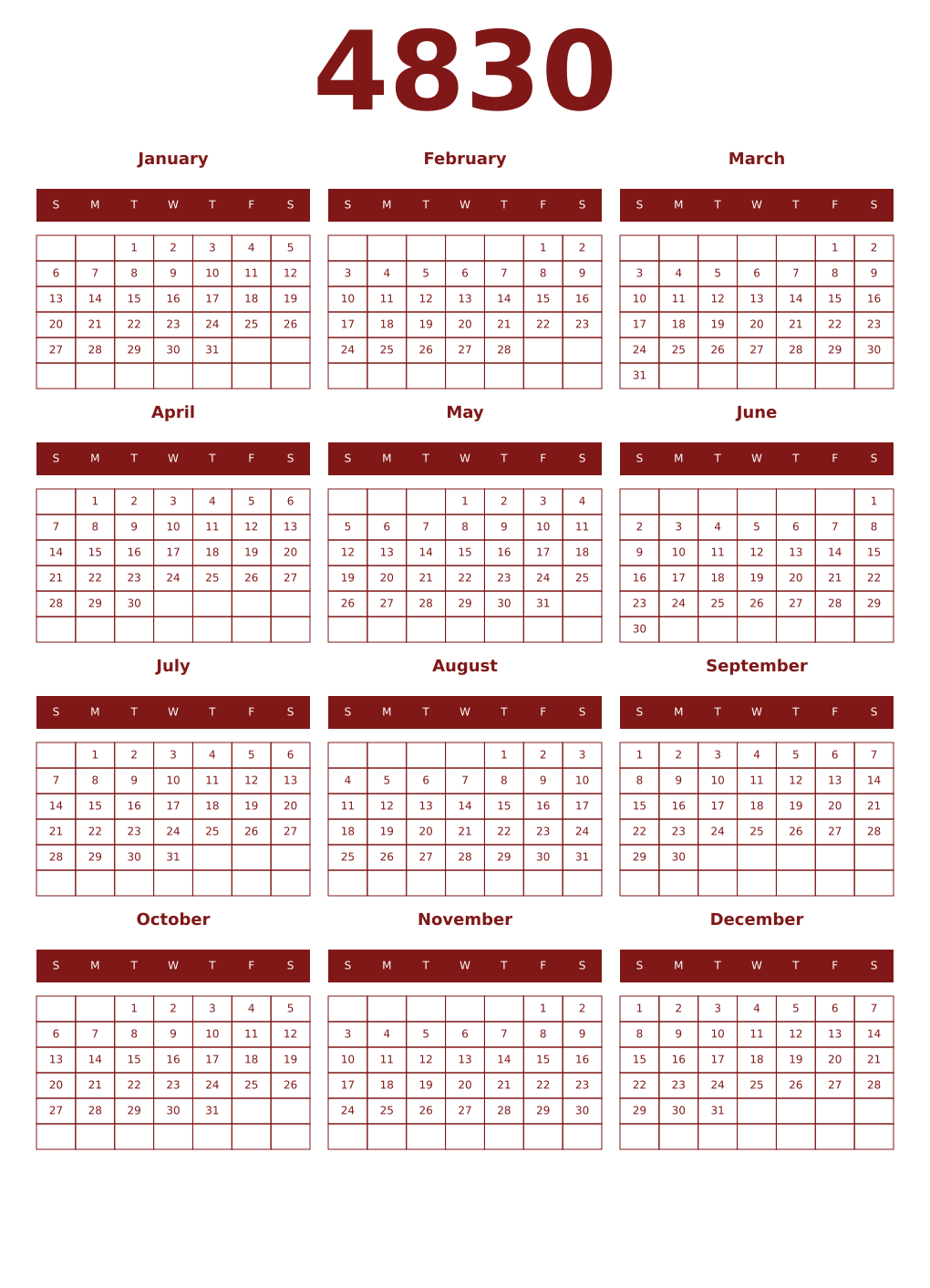 Printable 4830 Year Calendars falu