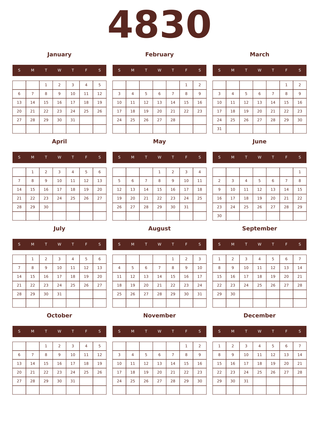 Printable 4830 Year Calendars mortuum
