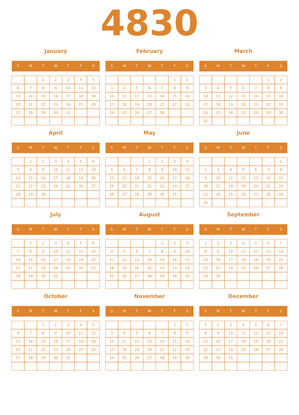 Printable 4830 Year Calendars orange