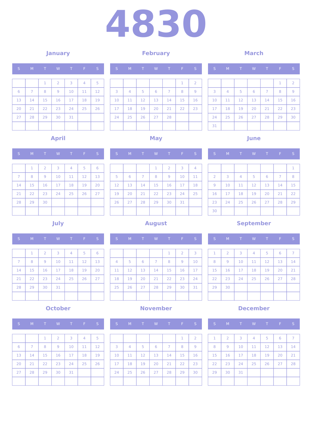 Printable 4830 Year Calendars periwinkle