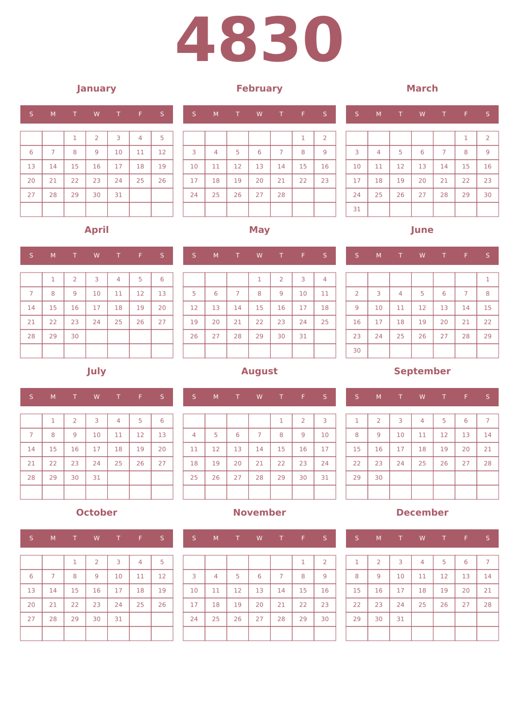 Printable 4830 Year Calendars puce