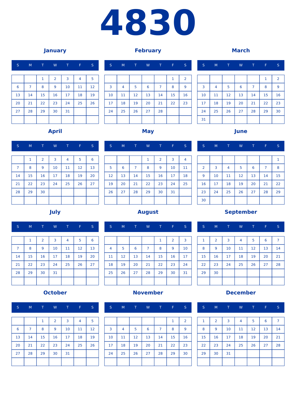Printable 4830 Year Calendars smalt