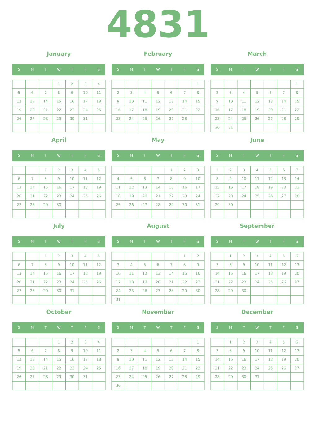 Printable 4831 Year Calendars celadon