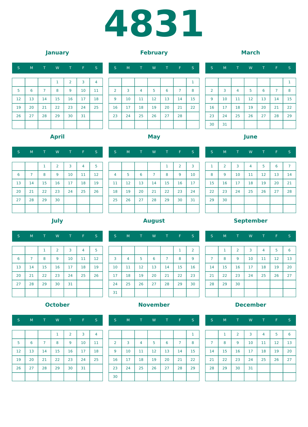Printable 4831 Year Calendars pastel