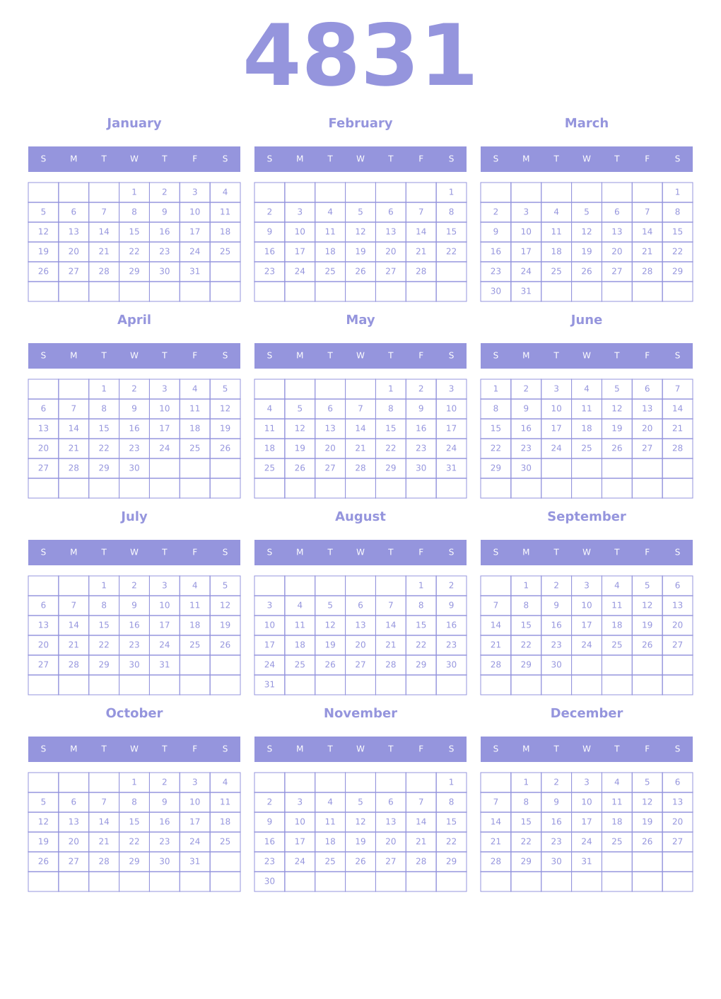 Printable 4831 Year Calendars periwinkle