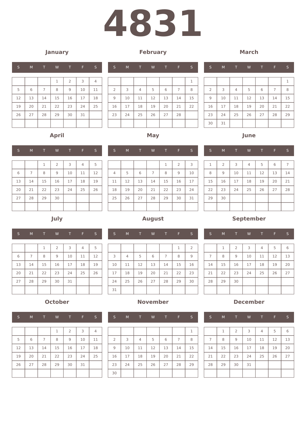Printable 4831 Year Calendars wenge