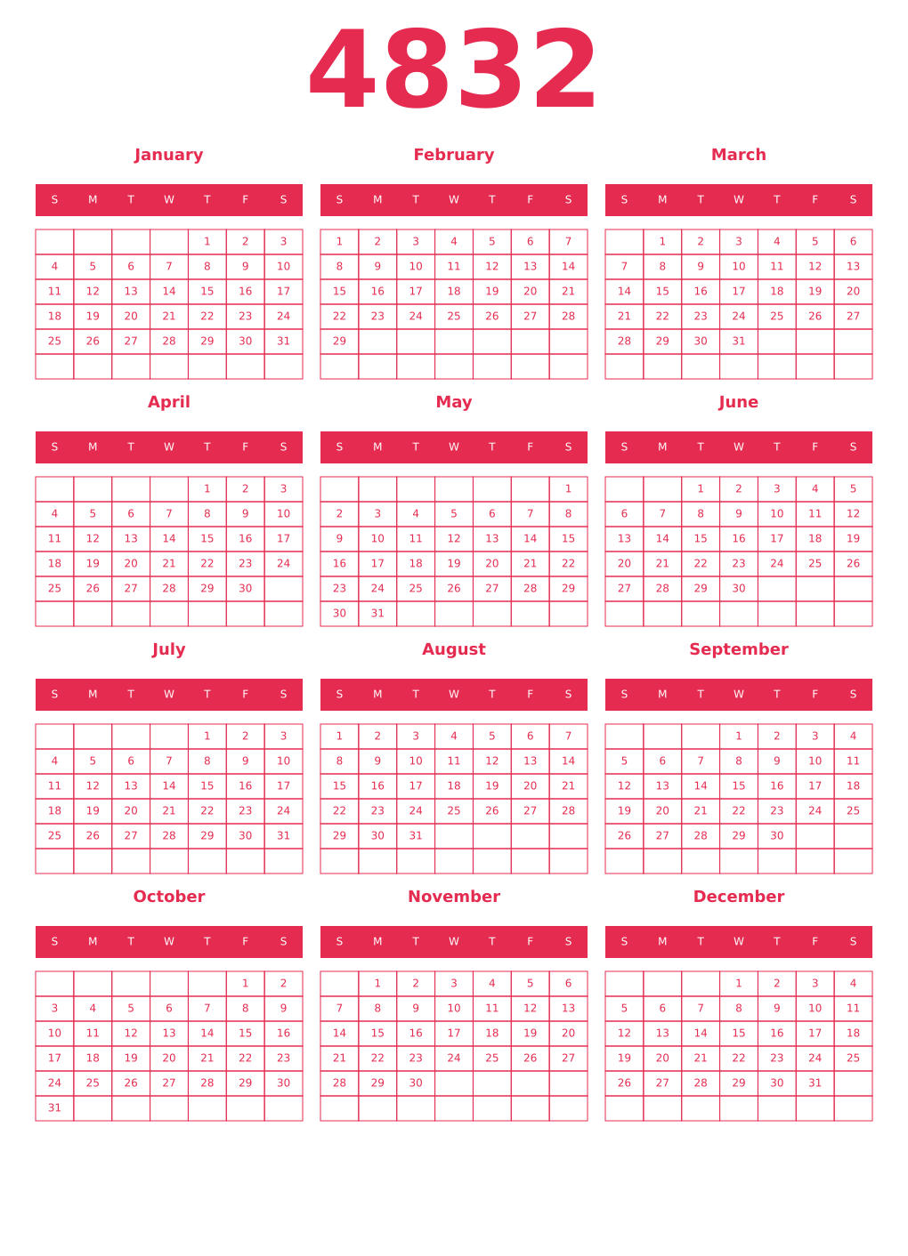 Printable 4832 Year Calendars amaranth