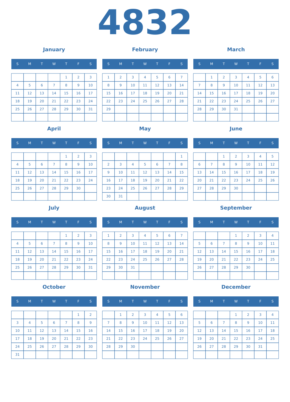 Printable 4832 Year Calendars blue