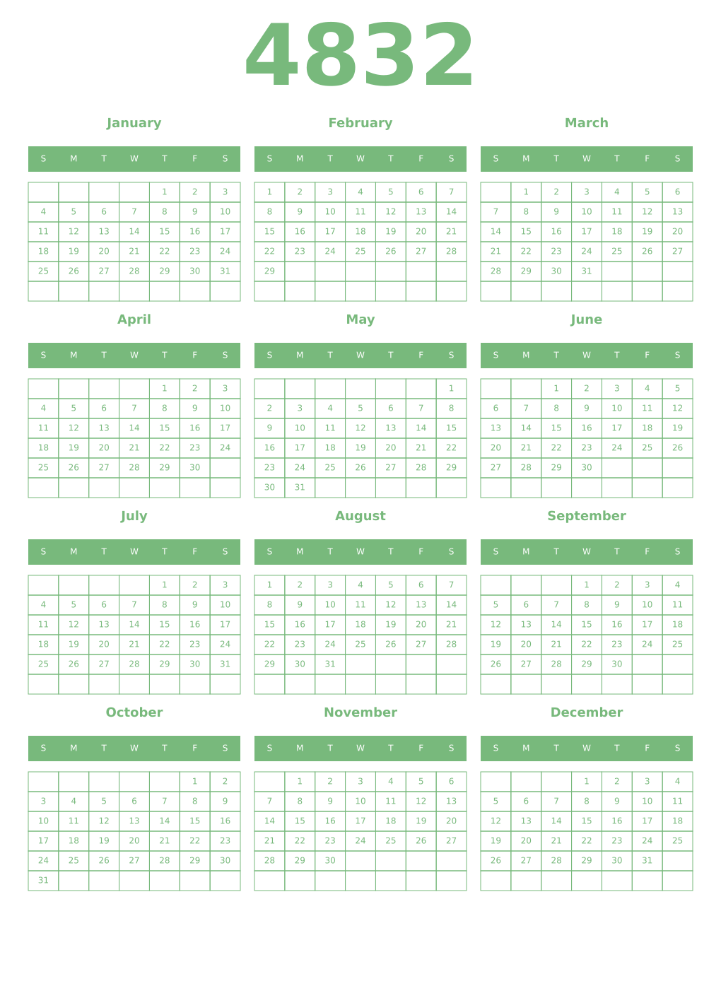 Printable 4832 Year Calendars celadon