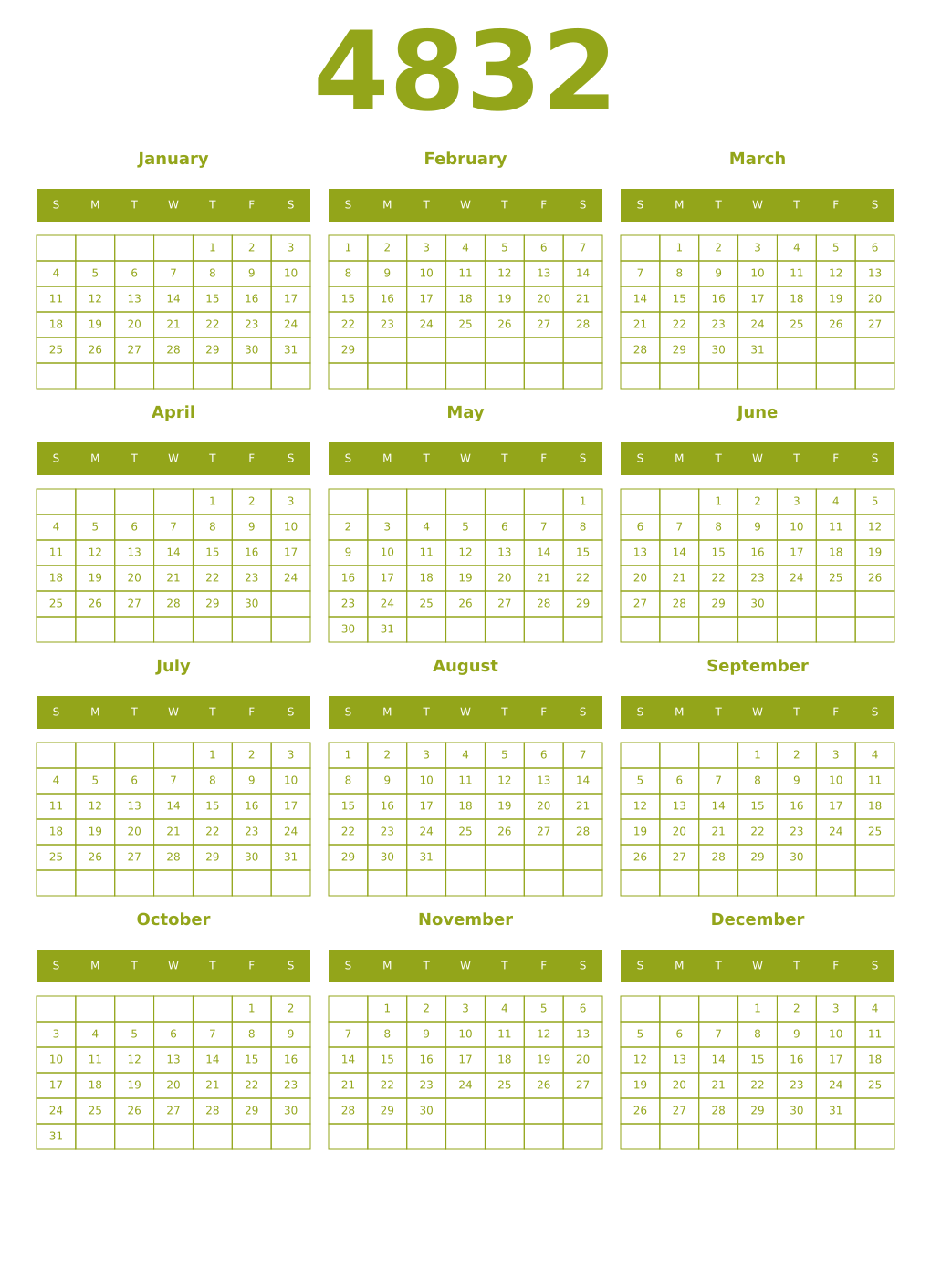 Printable 4832 Year Calendars chartreuse