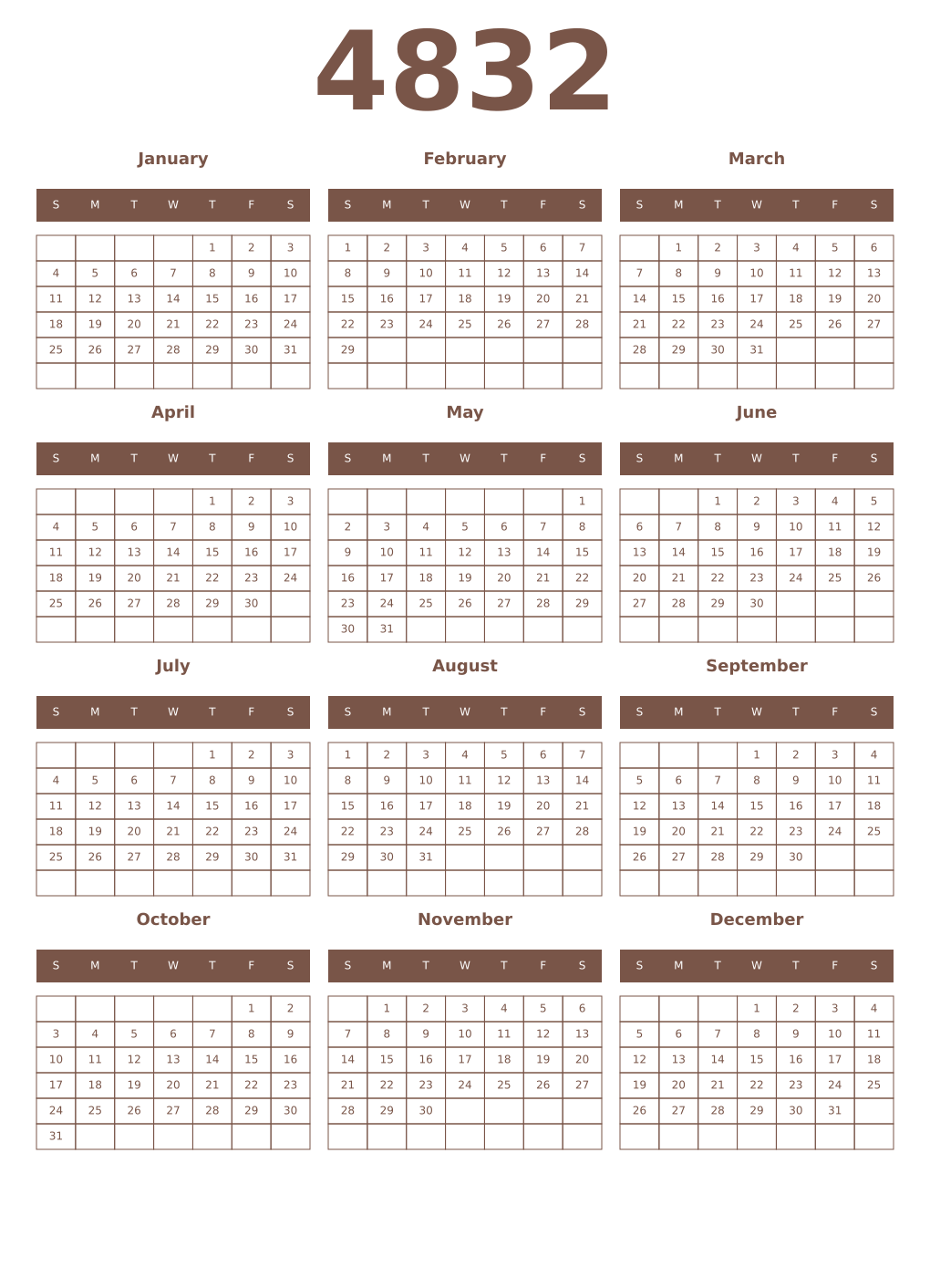 Printable 4832 Year Calendars coffe