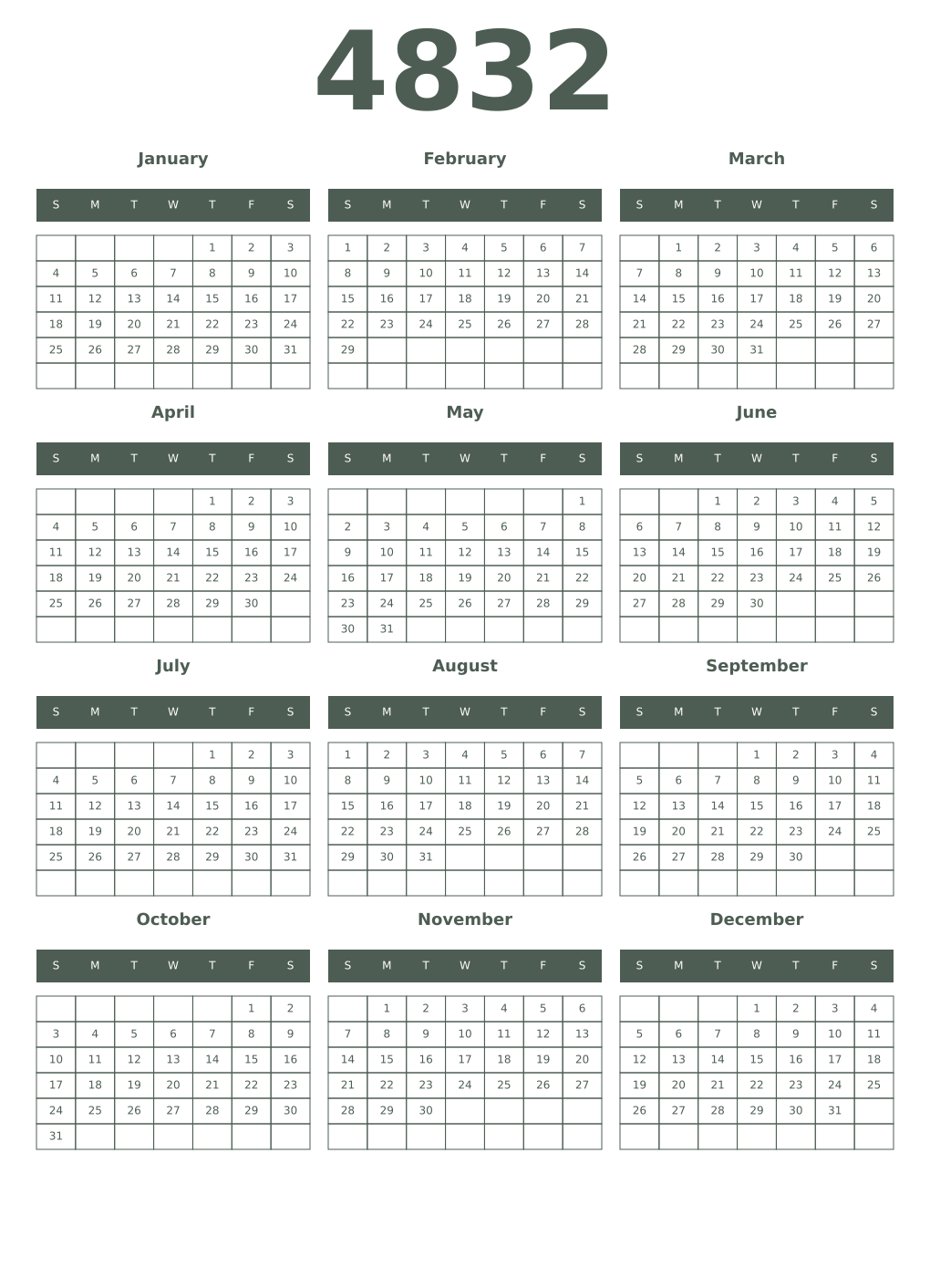 Printable 4832 Year Calendars feldgrau