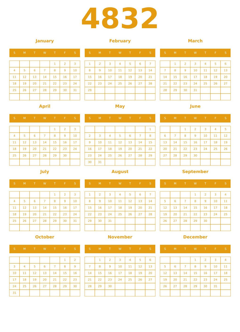 Printable 4832 Year Calendars gamboge