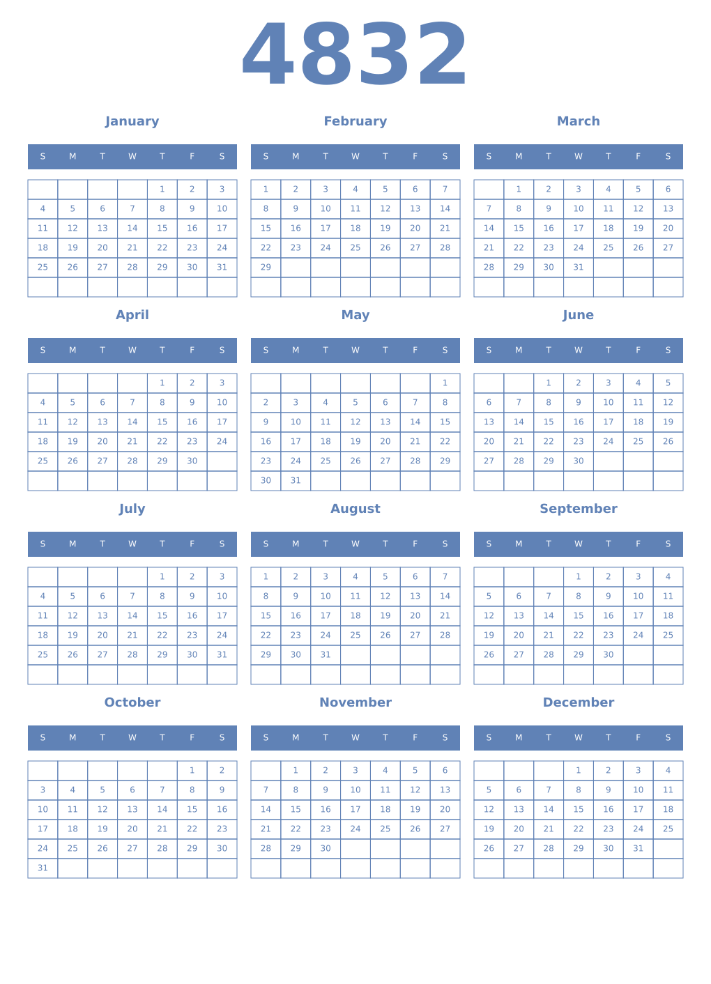 Printable 4832 Year Calendars glaucous