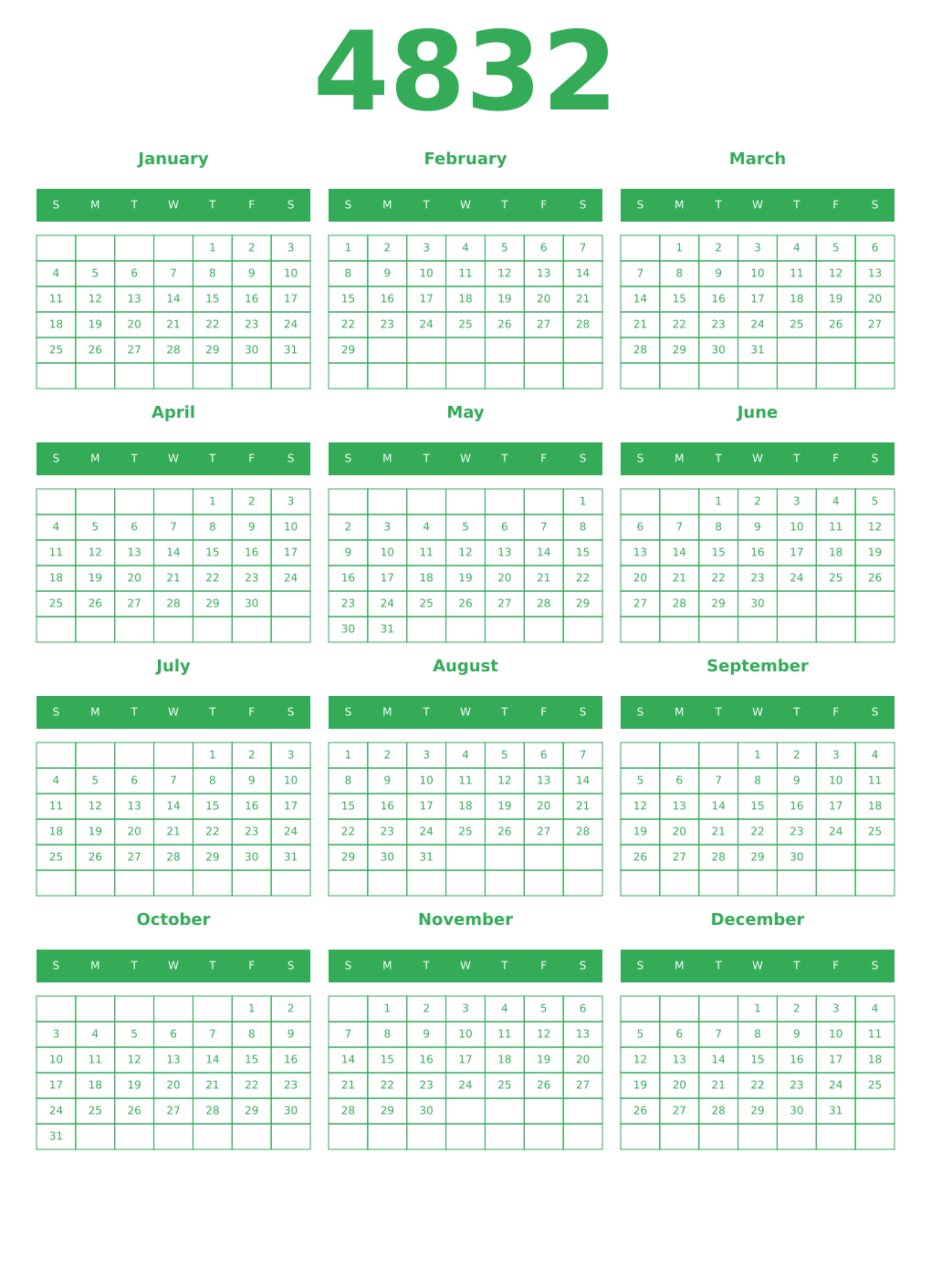 Printable 4832 Year Calendars green