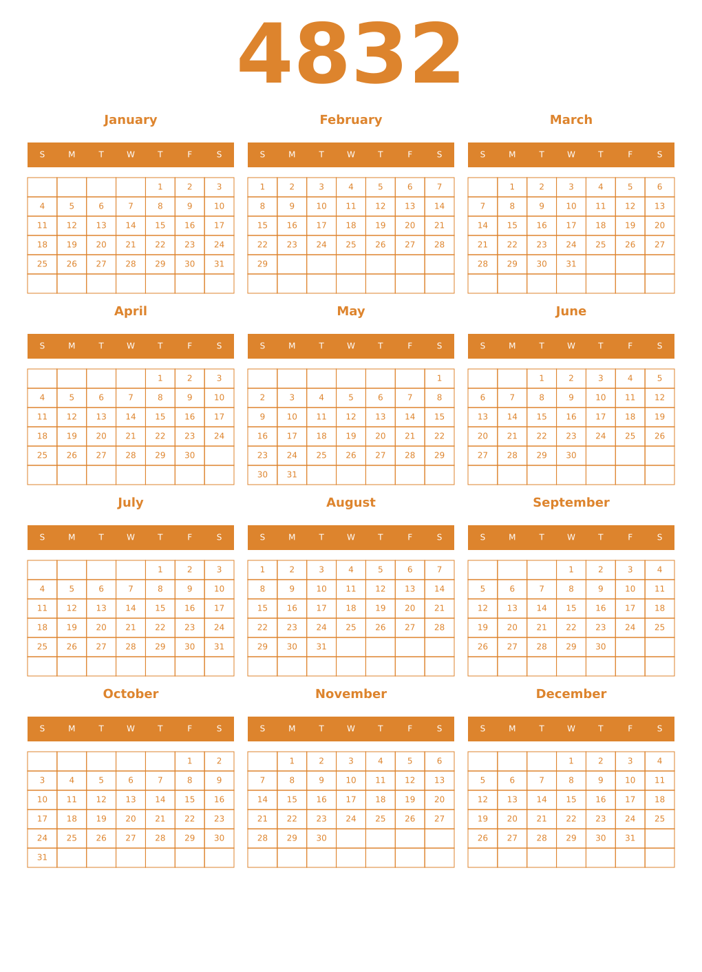 Printable 4832 Year Calendars orange