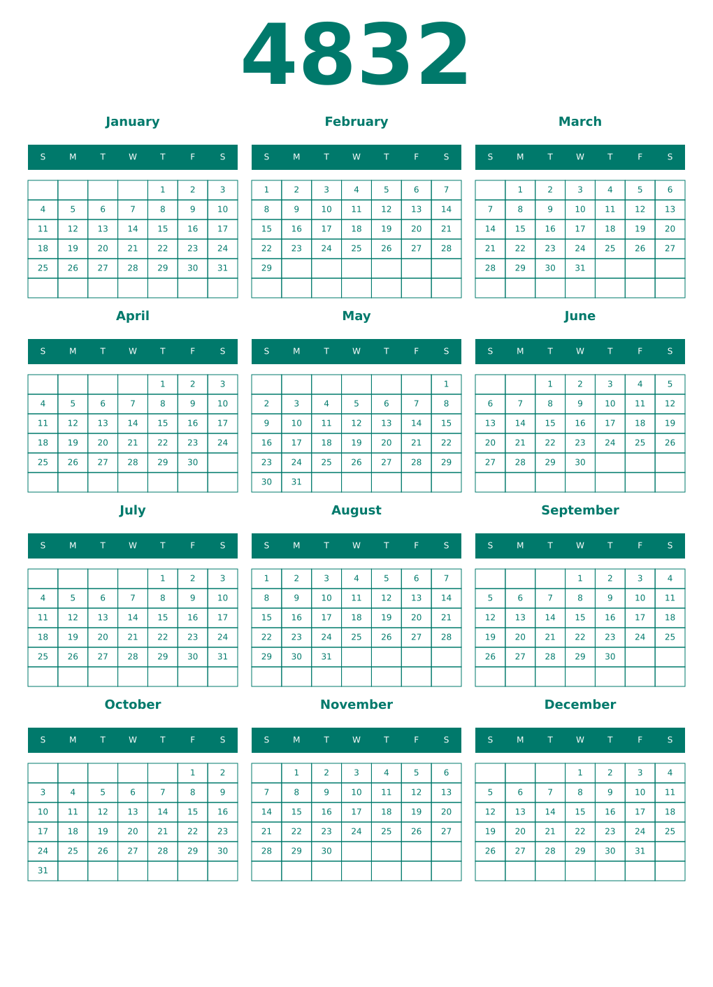 Printable 4832 Year Calendars pastel