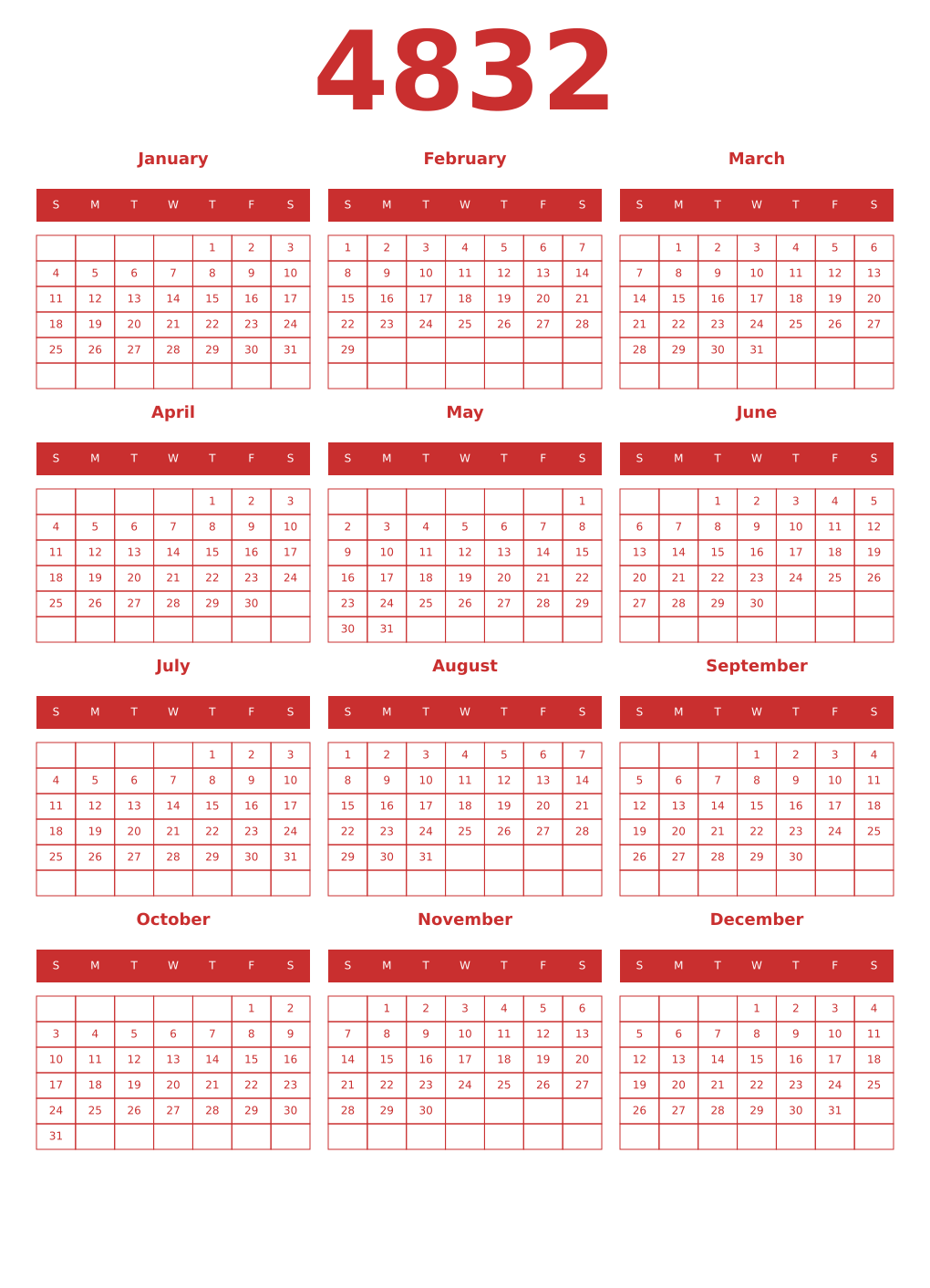 Printable 4832 Year Calendars red