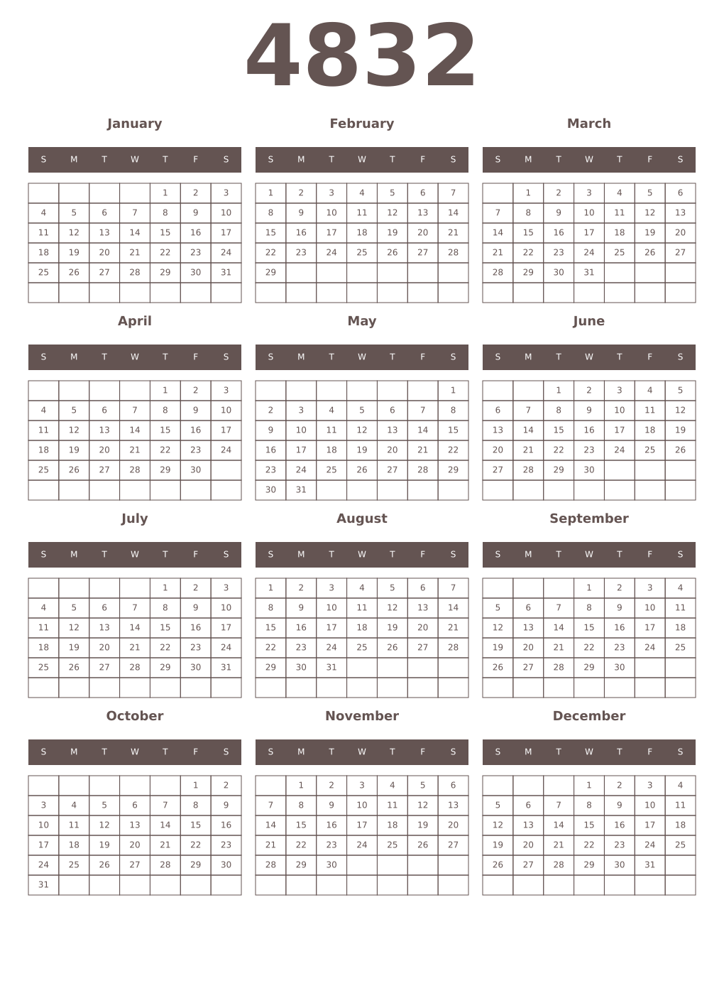 Printable 4832 Year Calendars wenge