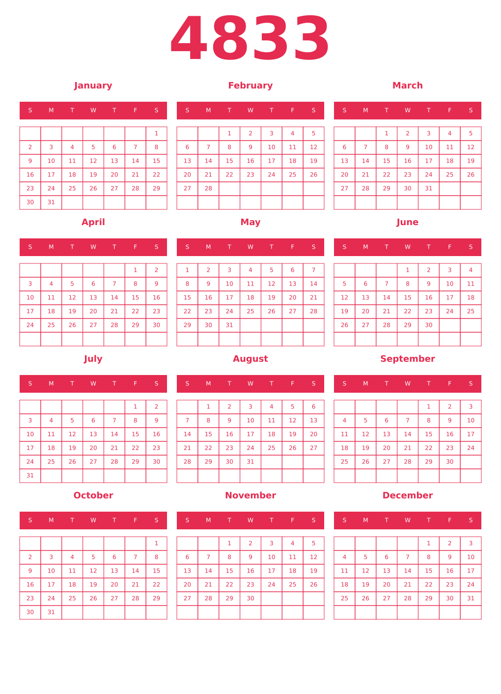 Printable 4833 Year Calendars amaranth