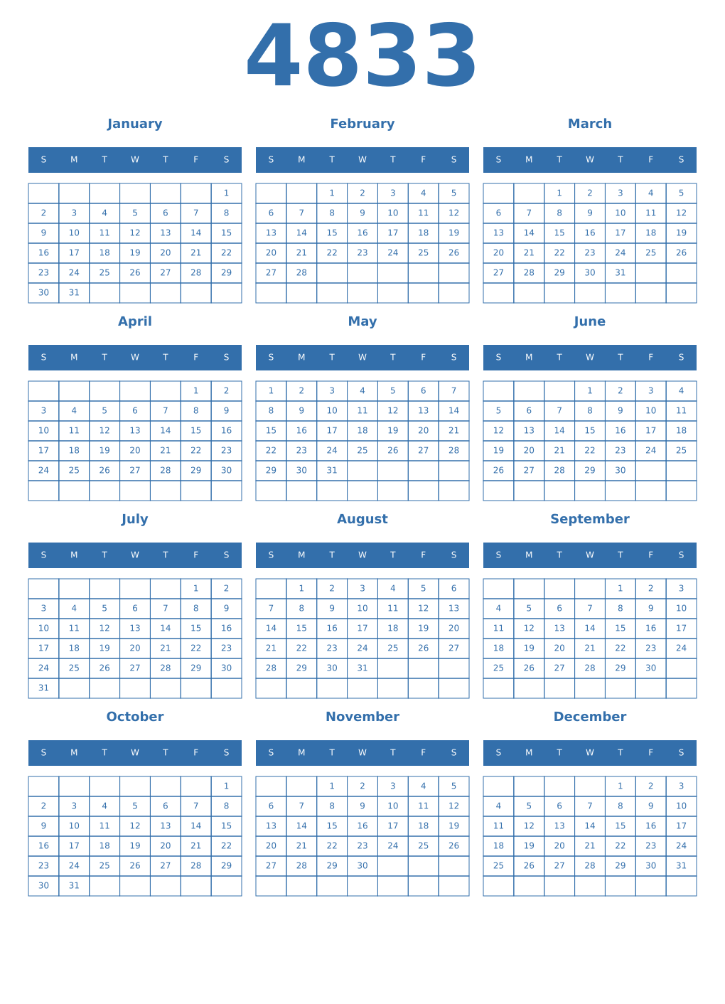 Printable 4833 Year Calendars blue