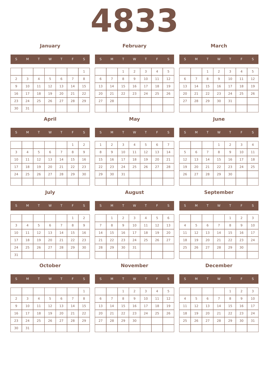 Printable 4833 Year Calendars coffe