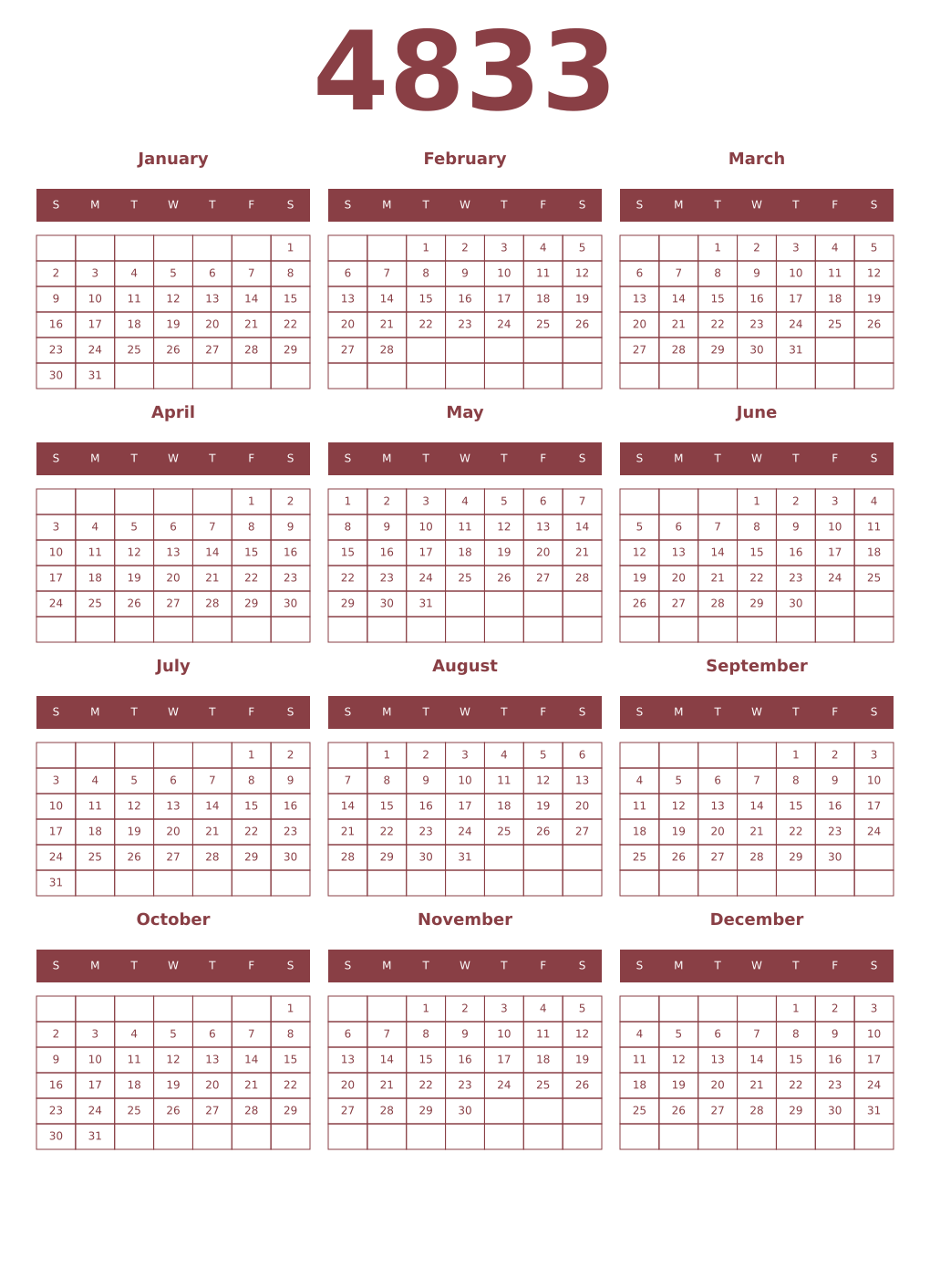 Printable 4833 Year Calendars cordovan