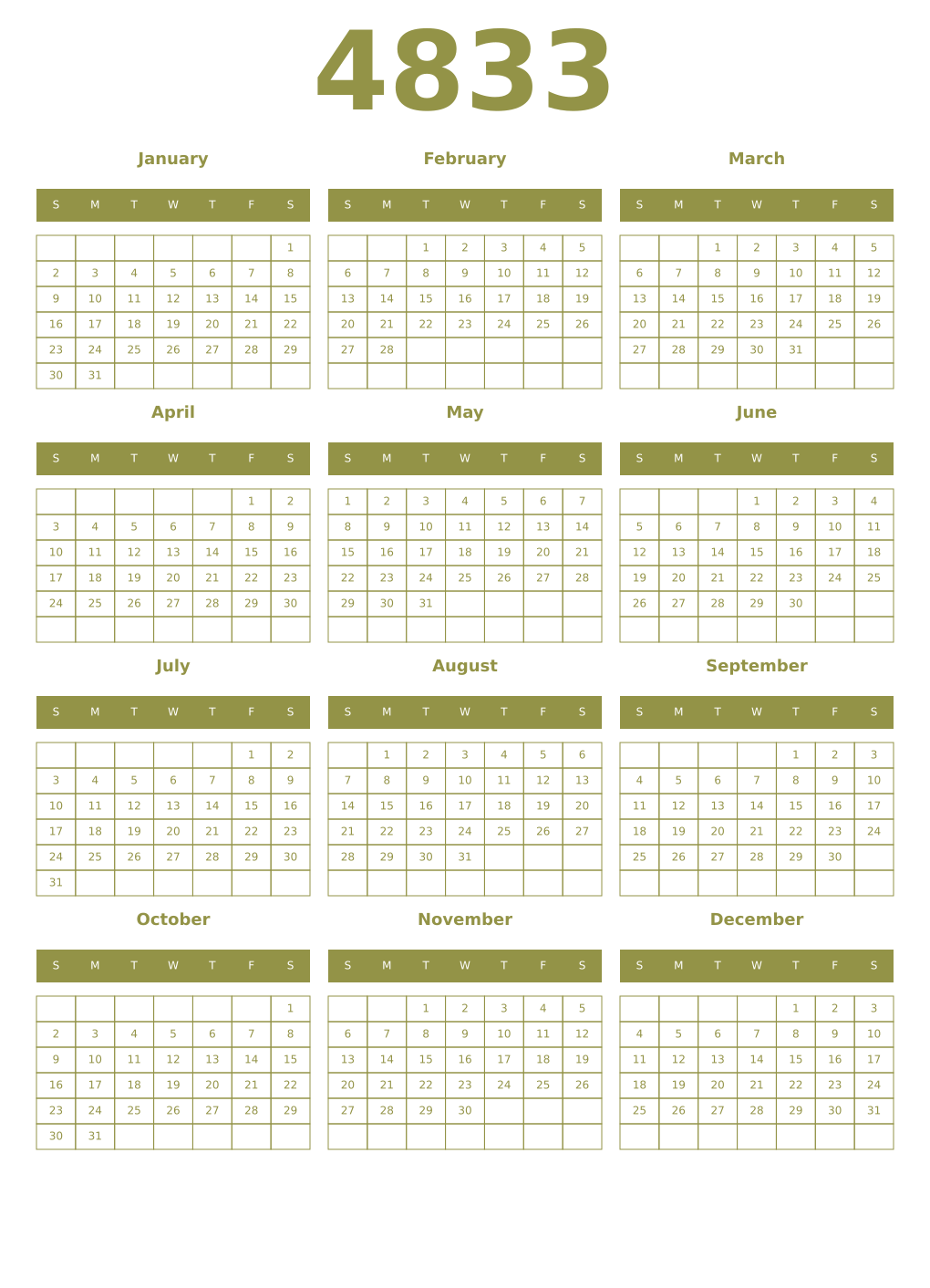 Printable 4833 Year Calendars eburnean