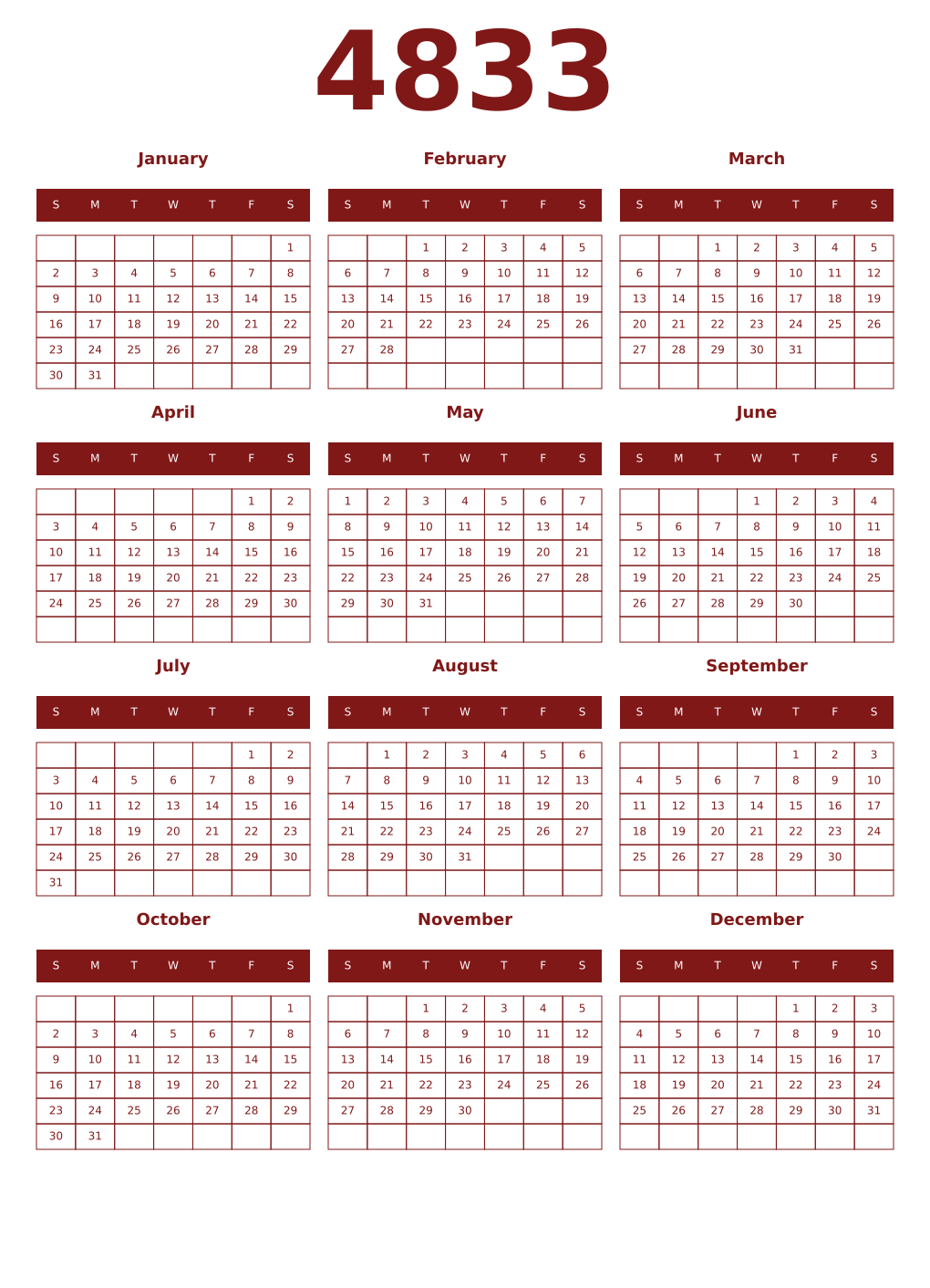 Printable 4833 Year Calendars falu