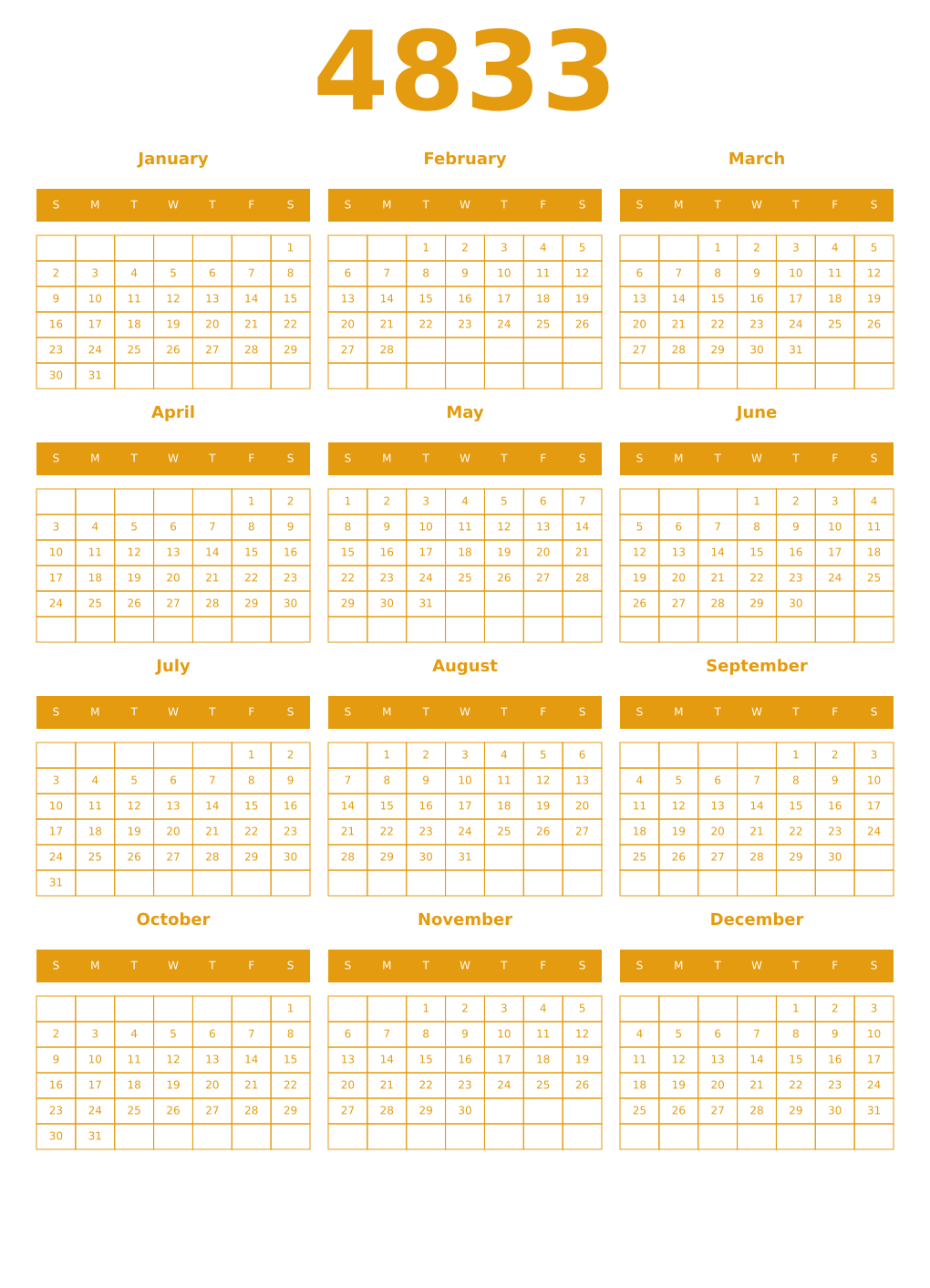Printable 4833 Year Calendars gamboge