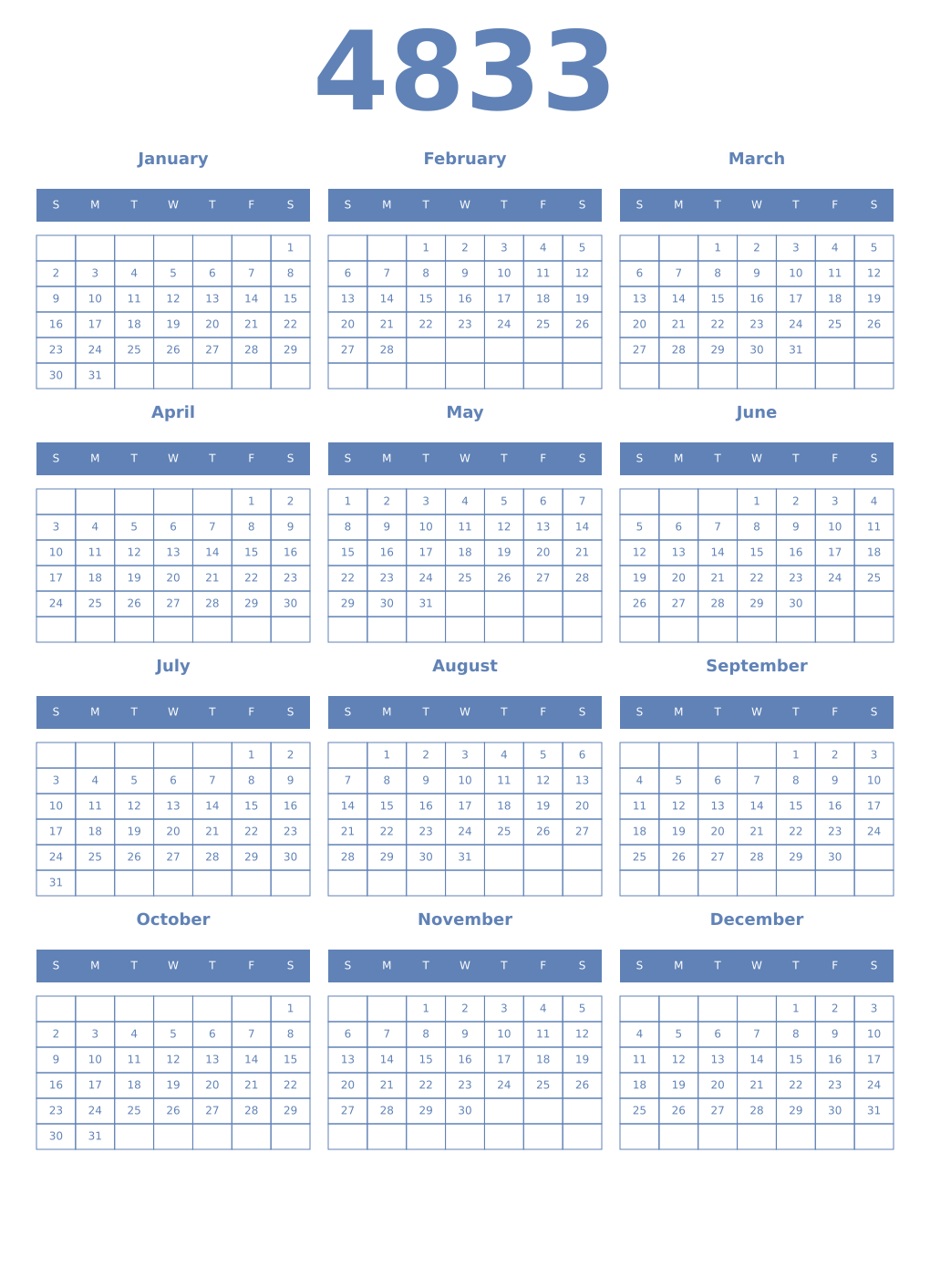 Printable 4833 Year Calendars glaucous