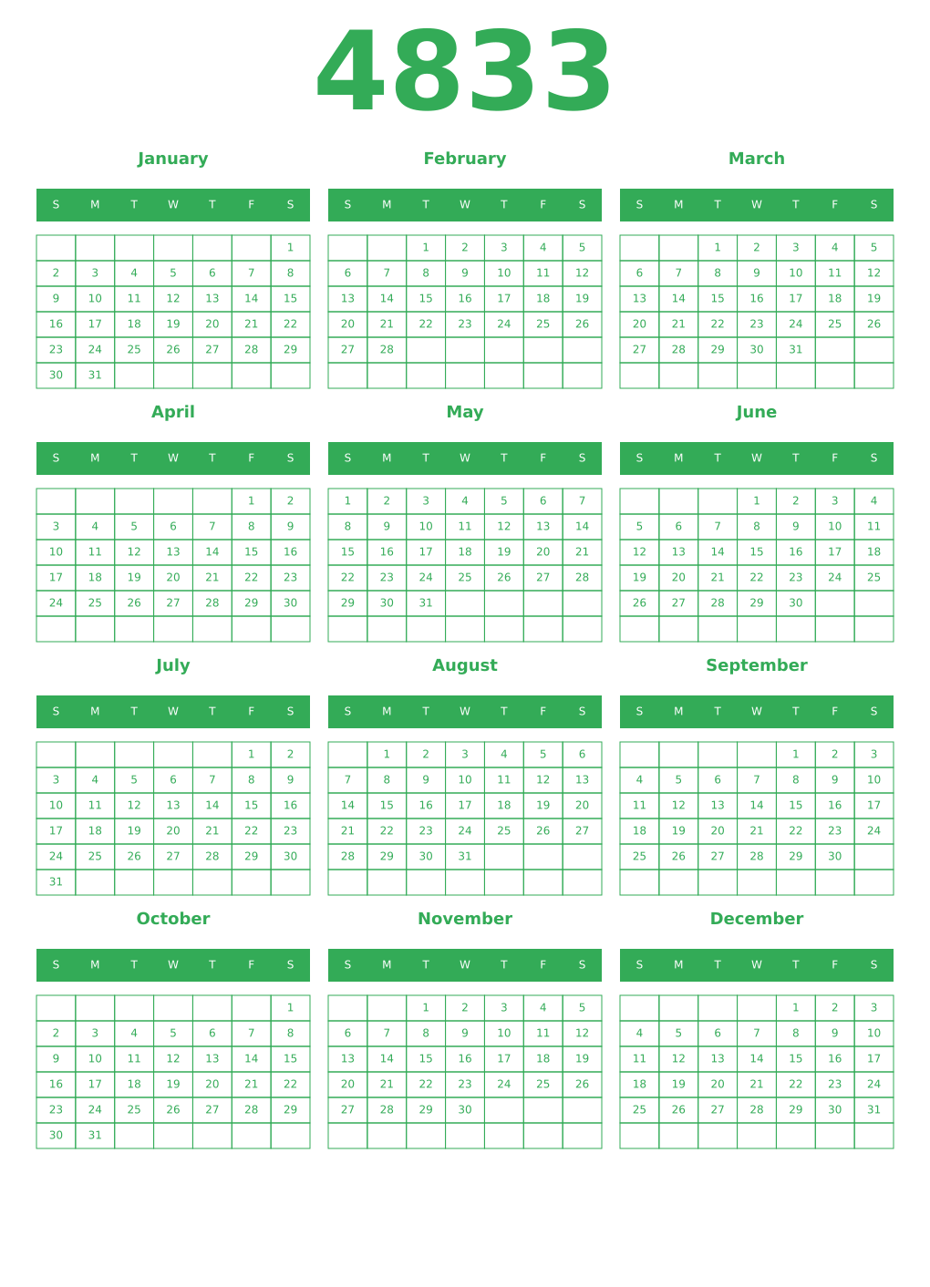 Printable 4833 Year Calendars green