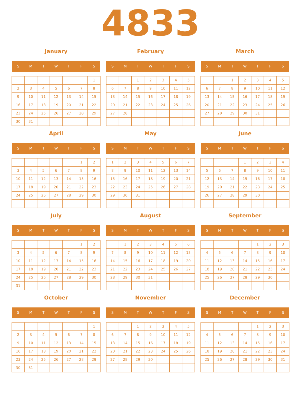 Printable 4833 Year Calendars orange