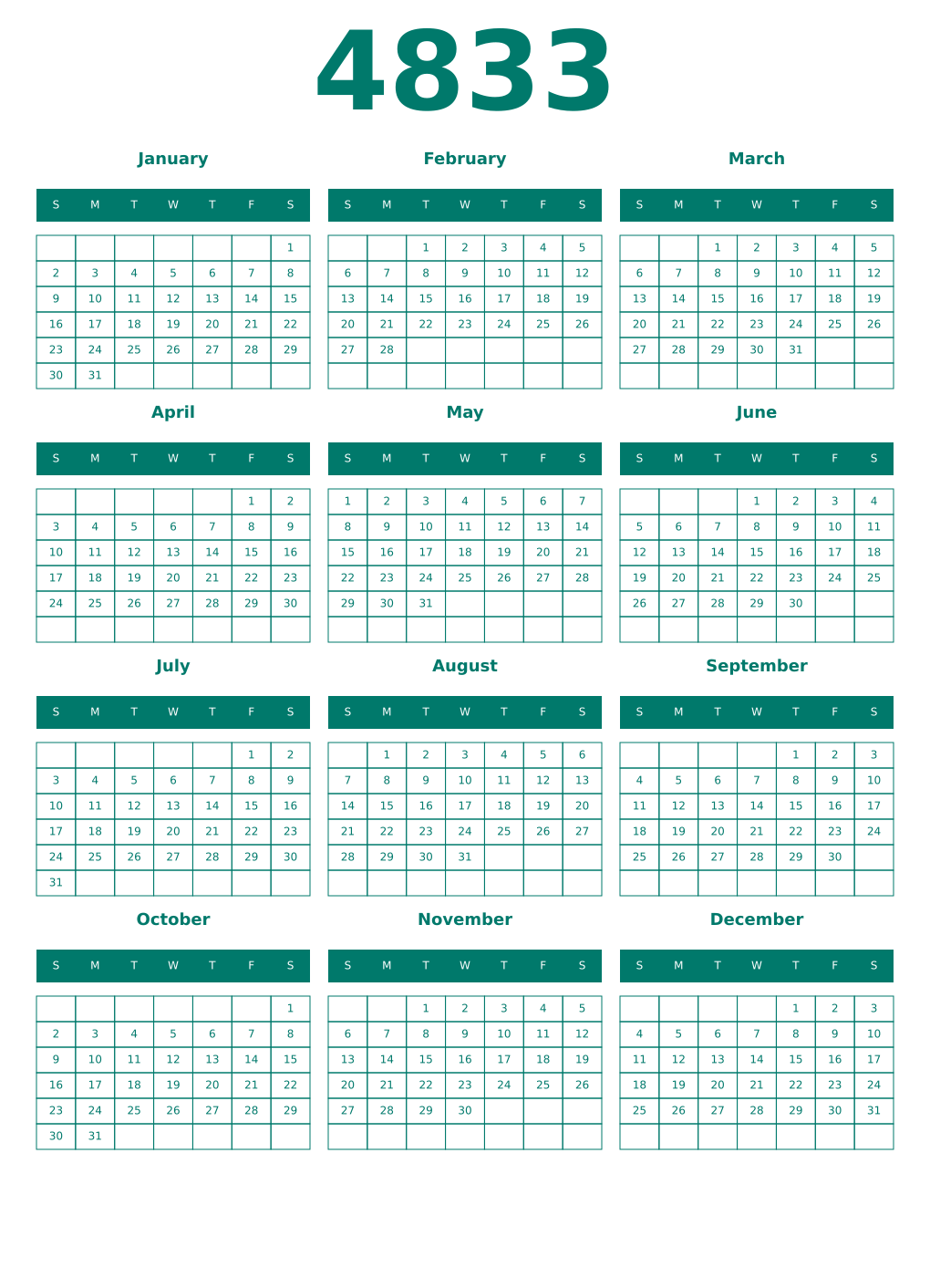 Printable 4833 Year Calendars pastel