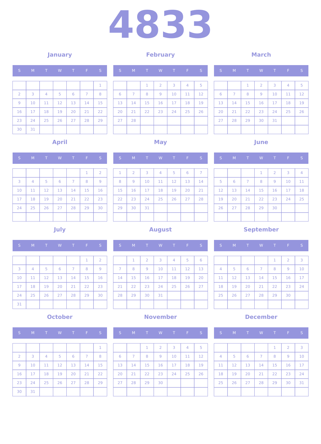 Printable 4833 Year Calendars periwinkle