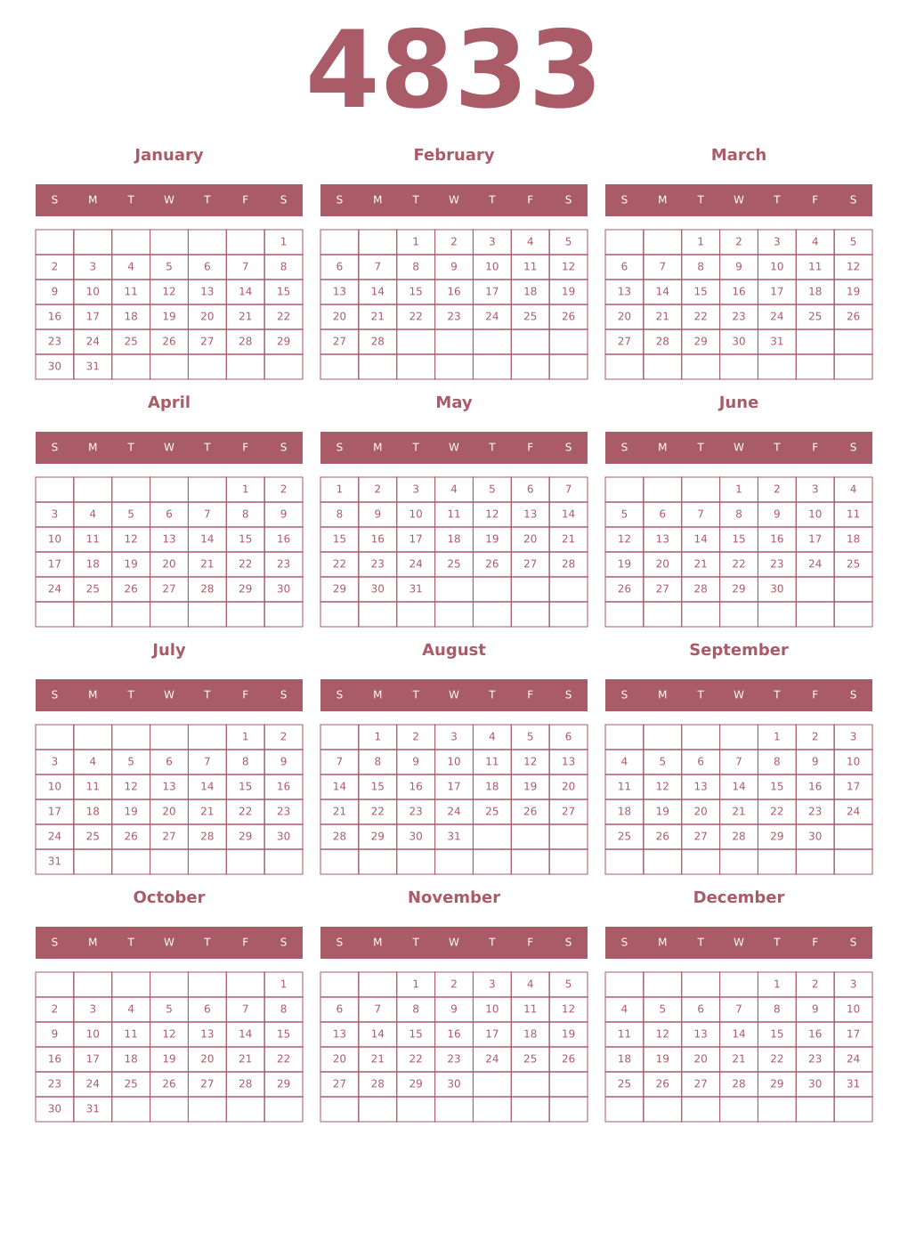 Printable 4833 Year Calendars puce