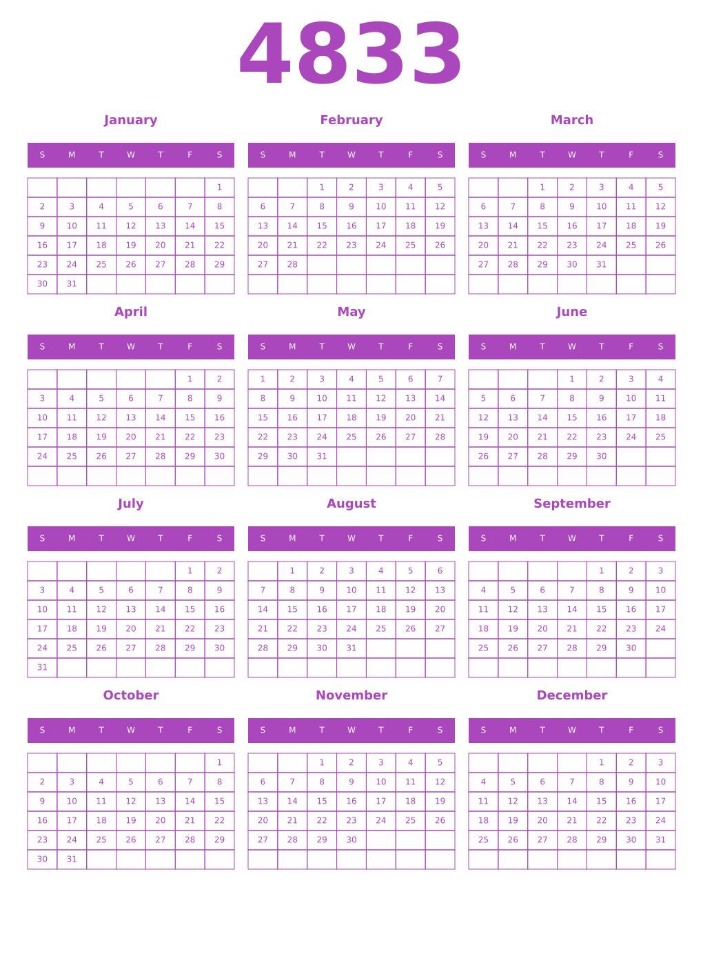 Printable 4833 Year Calendars purple