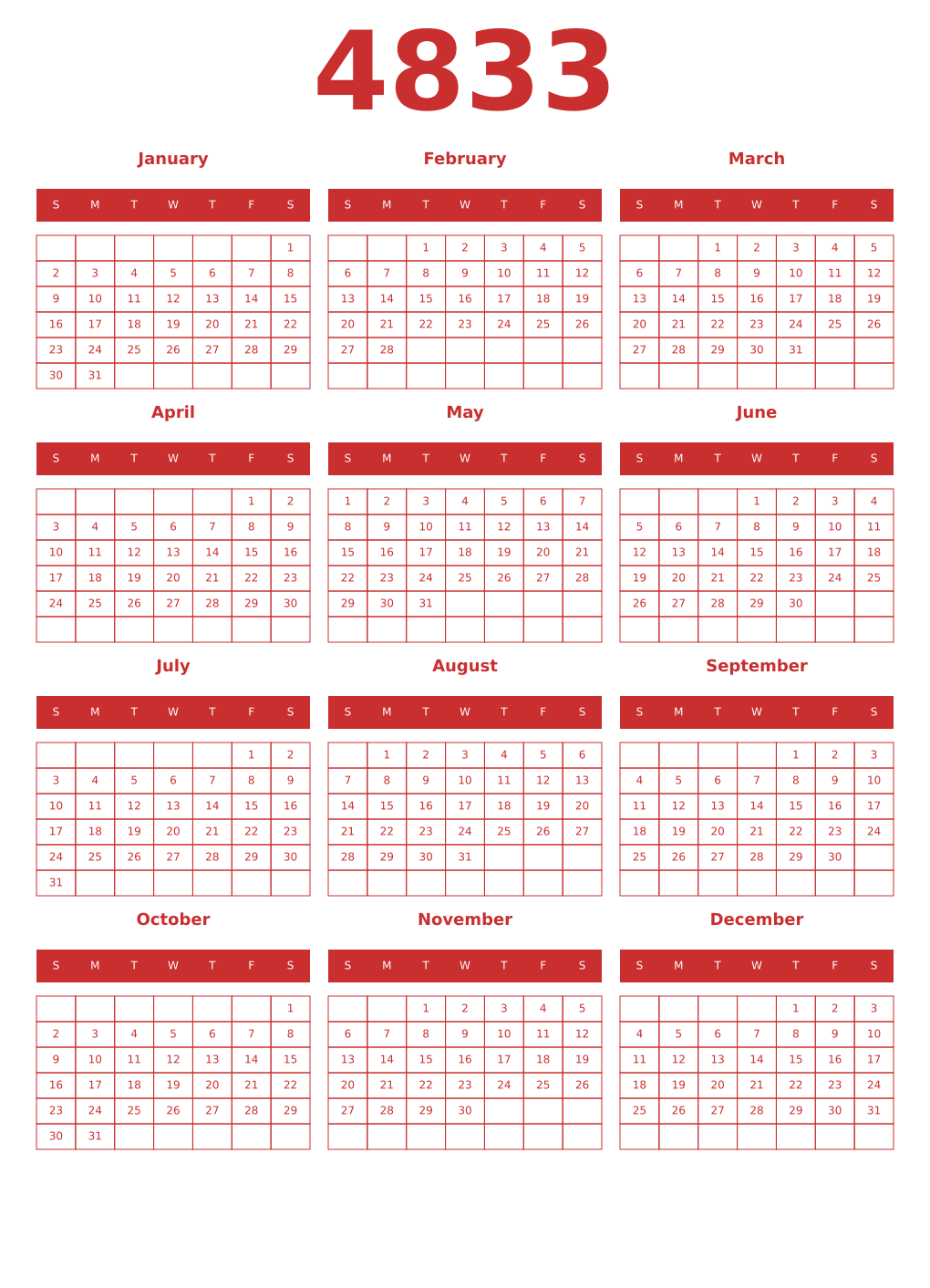 Printable 4833 Year Calendars red
