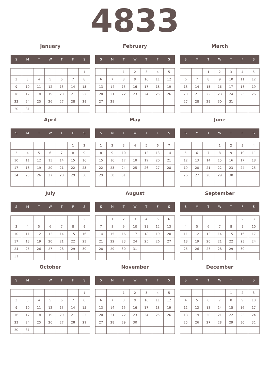 Printable 4833 Year Calendars wenge