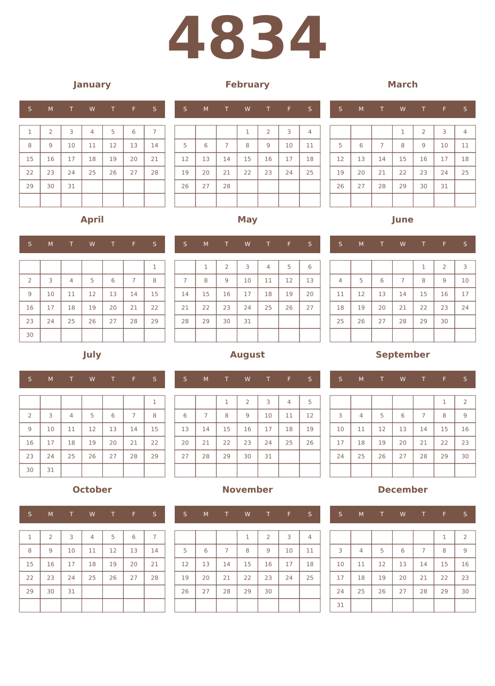 Printable 4834 Year Calendars coffe