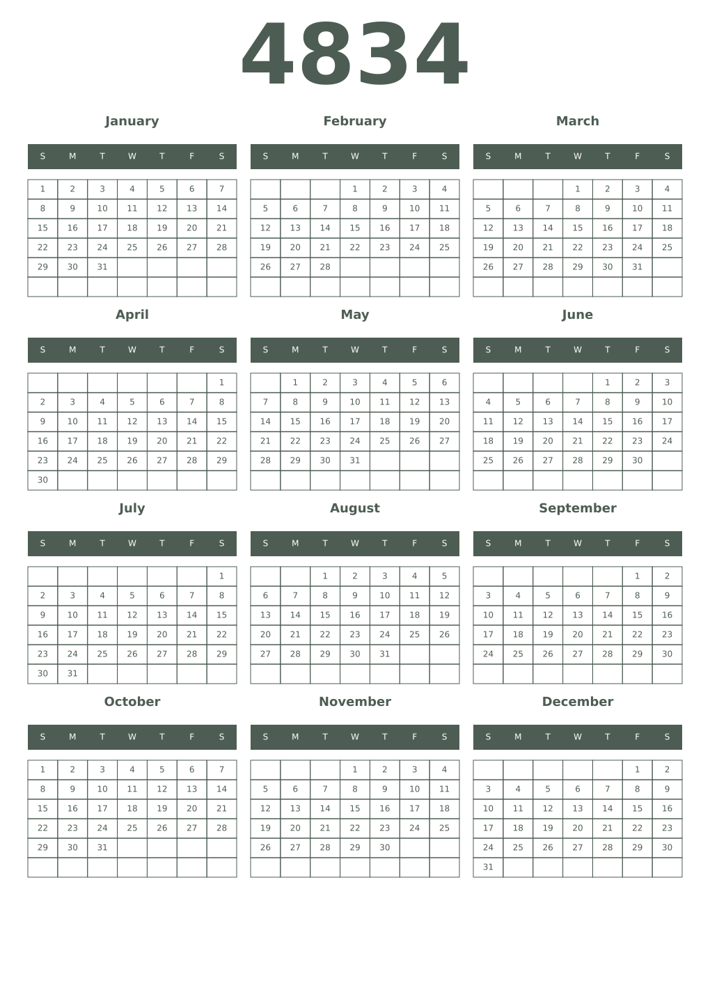 Printable 4834 Year Calendars feldgrau