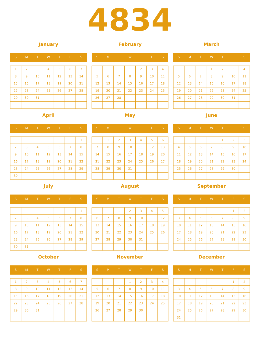 Printable 4834 Year Calendars gamboge