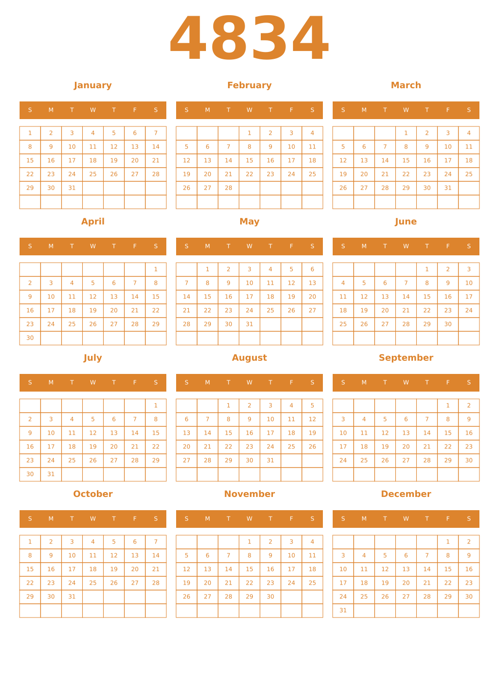Printable 4834 Year Calendars orange