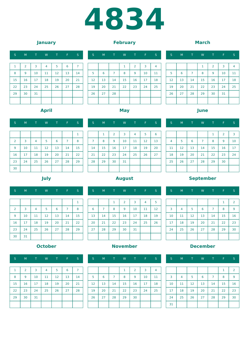 Printable 4834 Year Calendars pastel