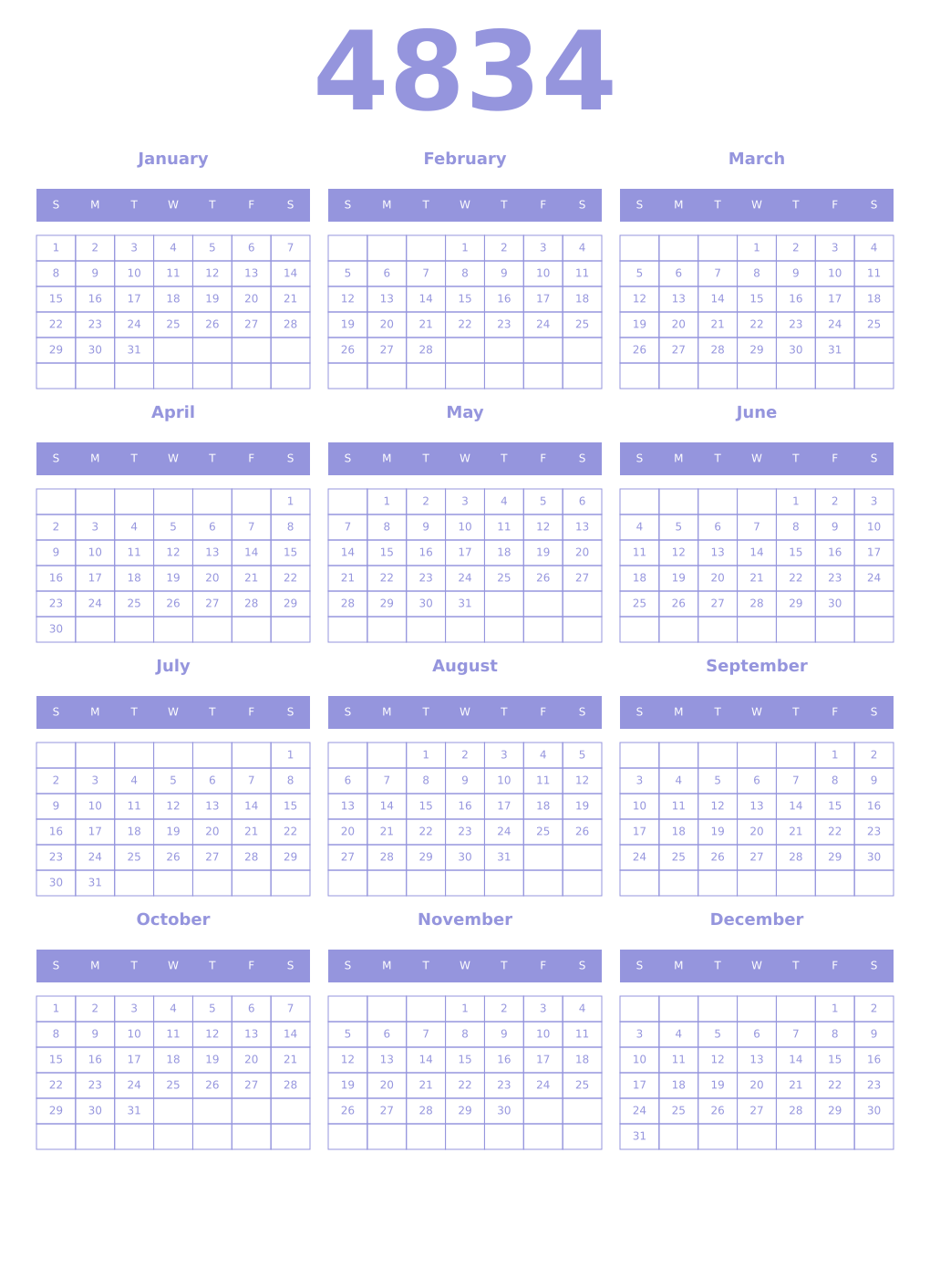 Printable 4834 Year Calendars periwinkle