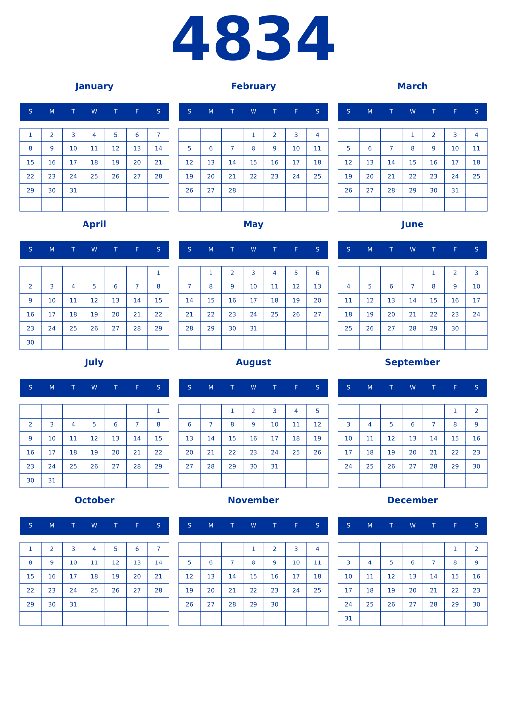 Printable 4834 Year Calendars smalt