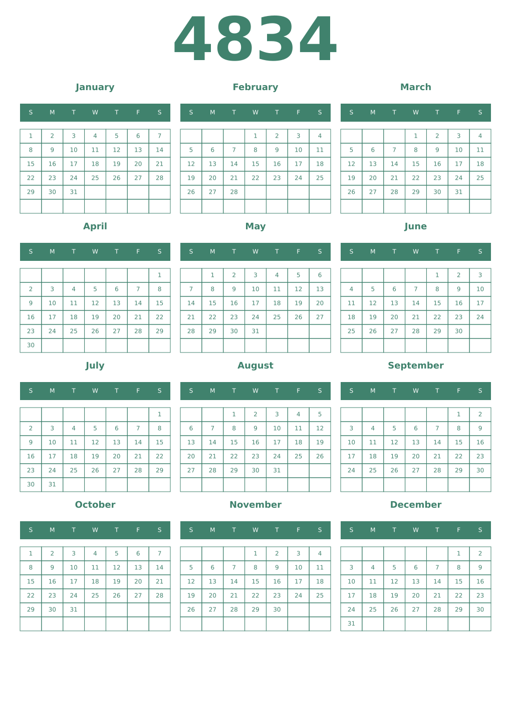 Printable 4834 Year Calendars viridian