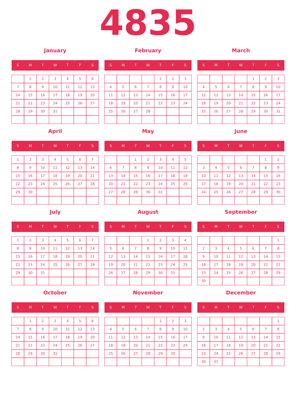 Printable 4835 Year Calendars amaranth