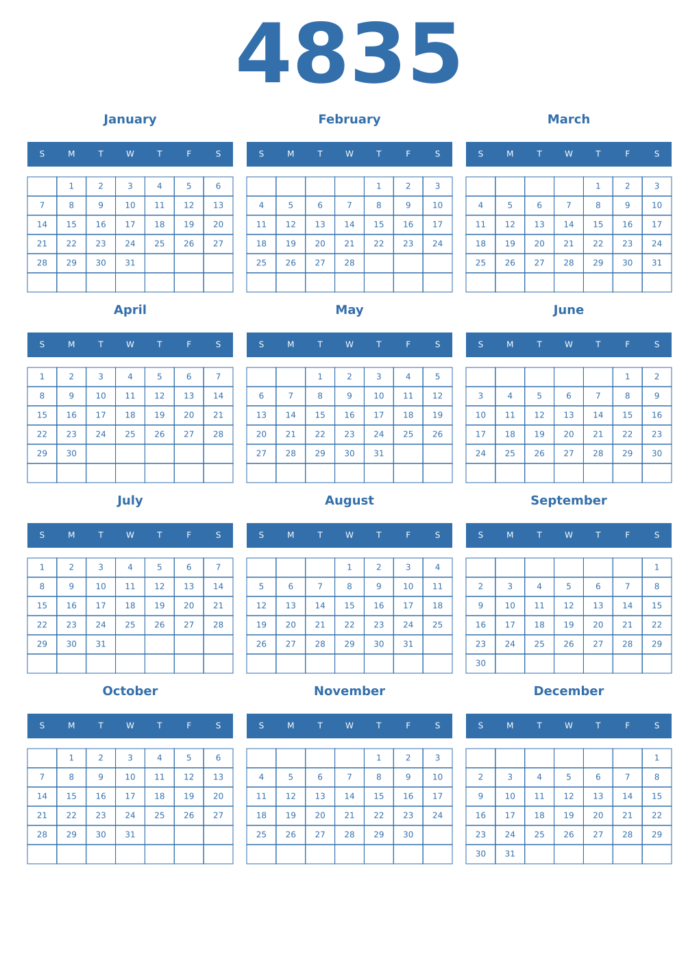 Printable 4835 Year Calendars blue